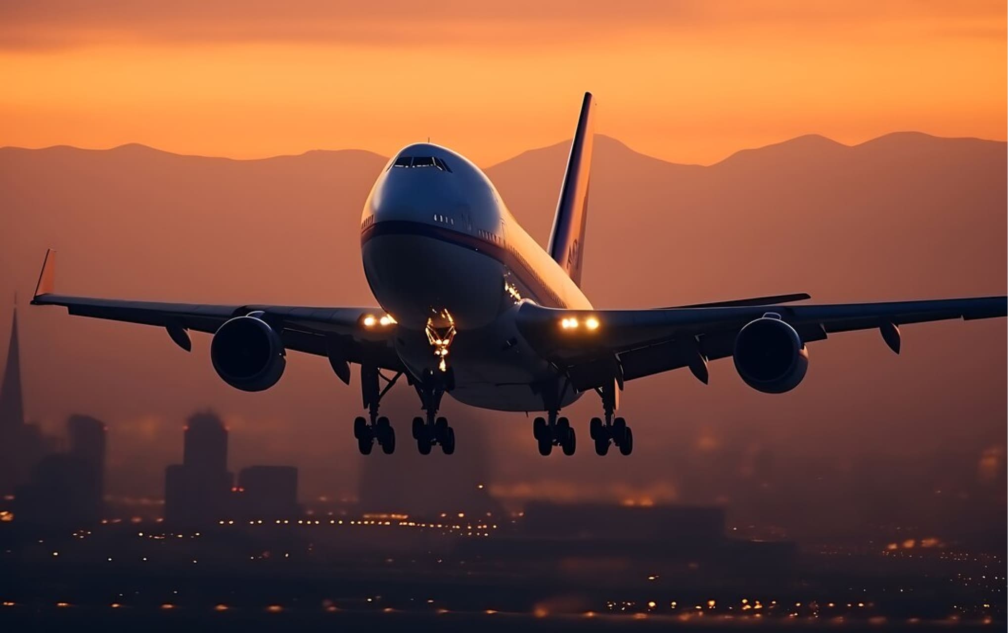 Avión aterrizando en un aeropuerto durante la noche con luces de pista.